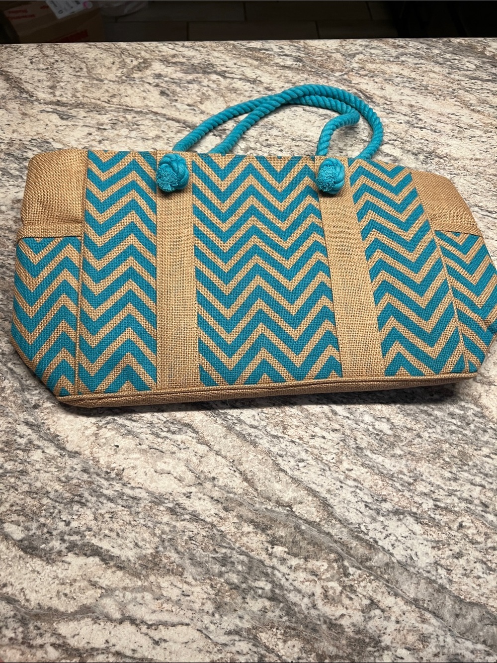 Chevron Beach Tote in Teal and Natural Beach Pool Summer Bag NWOT